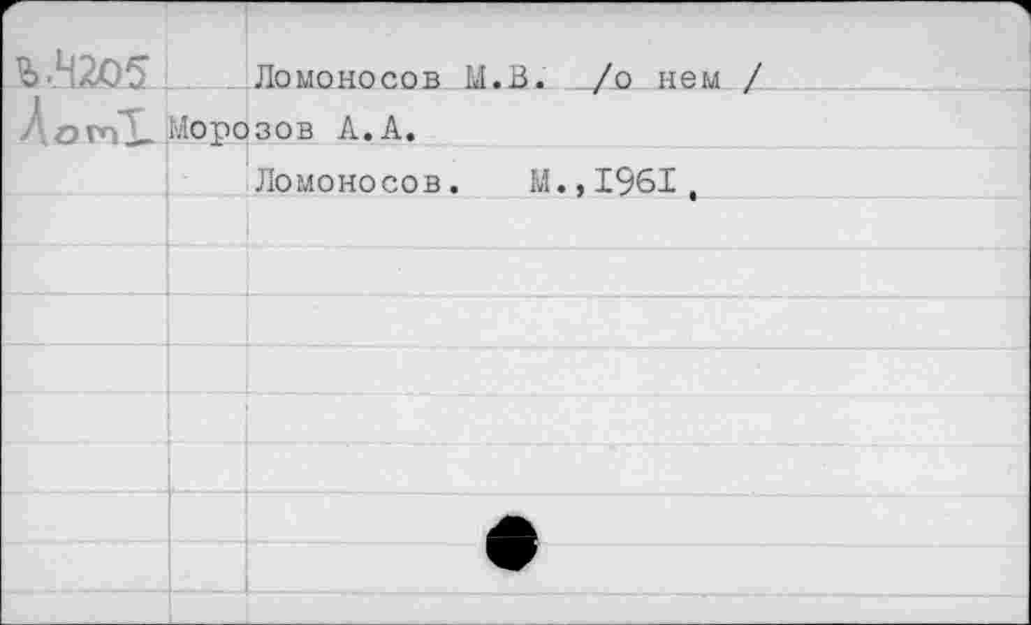 ﻿Ь .42054- Ломоносов М.В. _/о нем 7 огпХ Морозов Л. А.
Ломоносов. М.,1961,